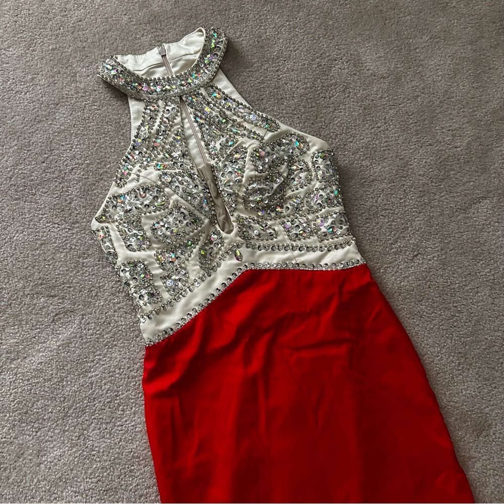 Champagne Silver and Red Embellished High Slit Halter Train Dress